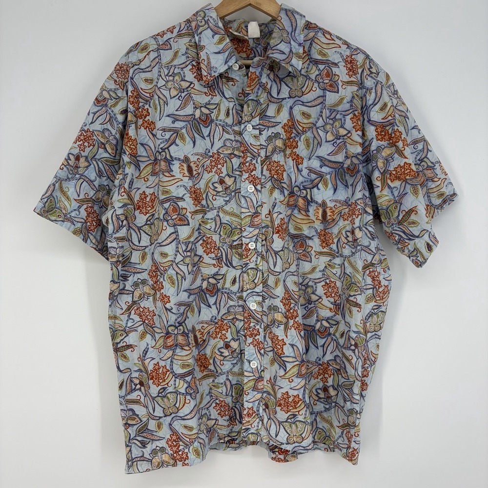 Vtg Go Barefoot Button Down Shirt Men XL Reverse Print Hawaiian Floral Butterfly